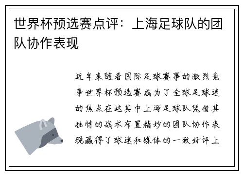 世界杯预选赛点评：上海足球队的团队协作表现