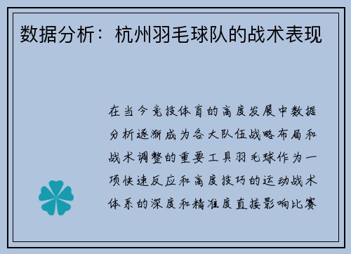 数据分析：杭州羽毛球队的战术表现