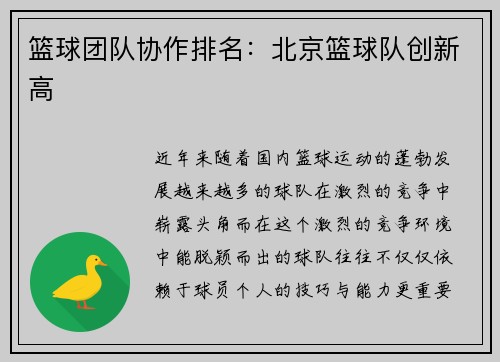 篮球团队协作排名：北京篮球队创新高