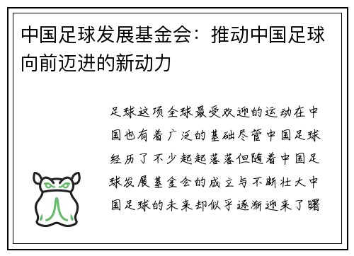 中国足球发展基金会：推动中国足球向前迈进的新动力