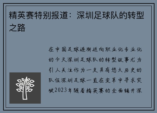精英赛特别报道：深圳足球队的转型之路