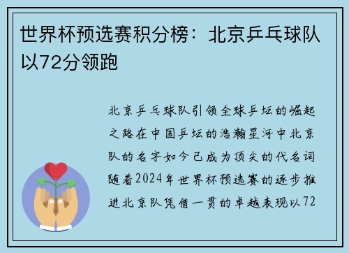 世界杯预选赛积分榜：北京乒乓球队以72分领跑