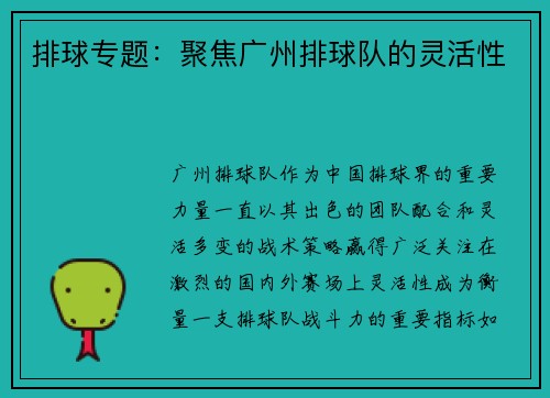 排球专题：聚焦广州排球队的灵活性